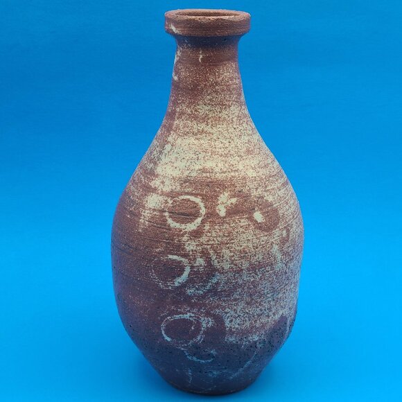 Signed Earthenware Studio Art Pottery Primitive Abstract Folk Art Bud Vase 7.5" - Picture 1 of 10